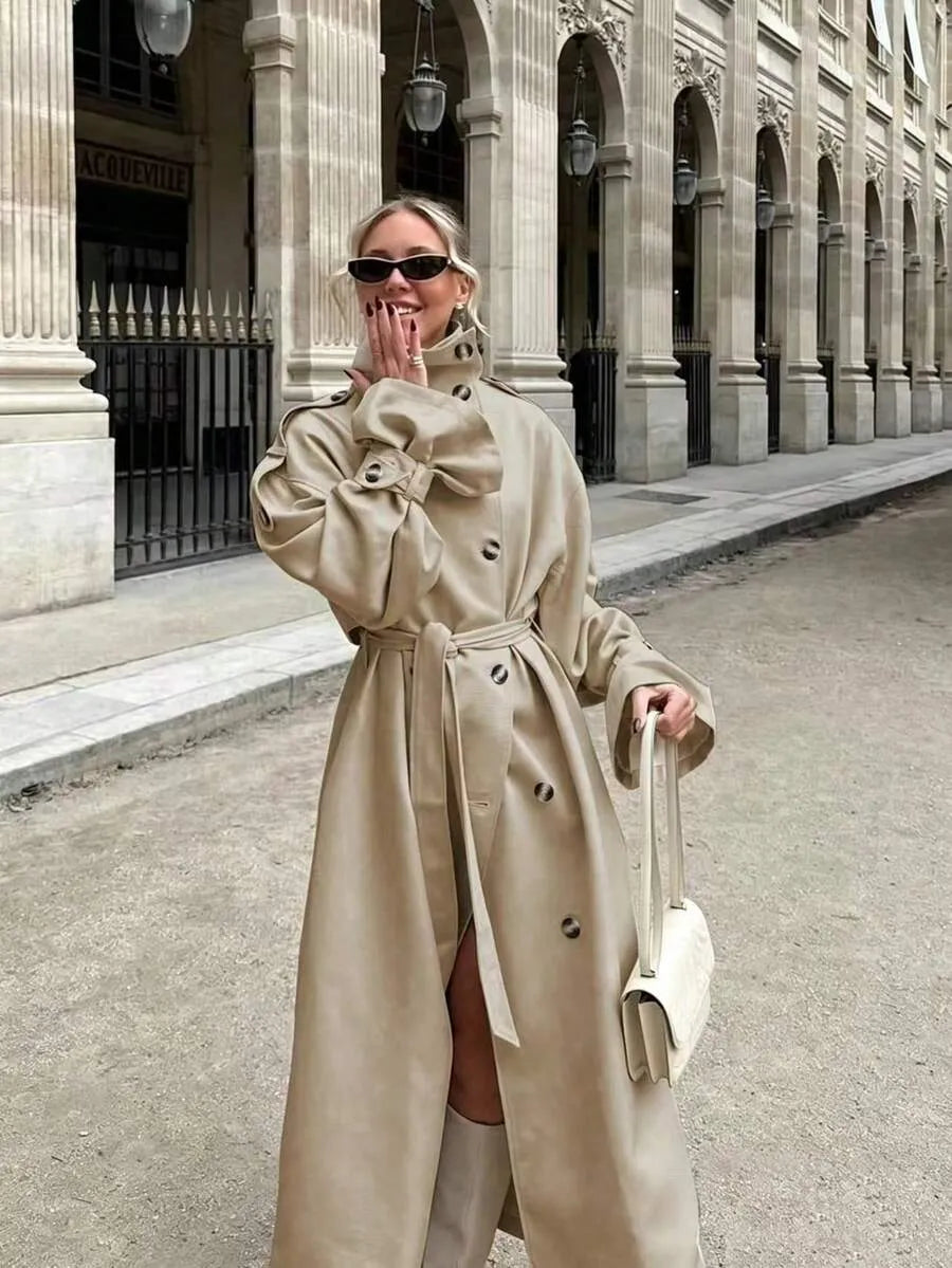 SHEIN معطف ترنش طويل للنساء بلون سادة ستايل عملي وأنيق