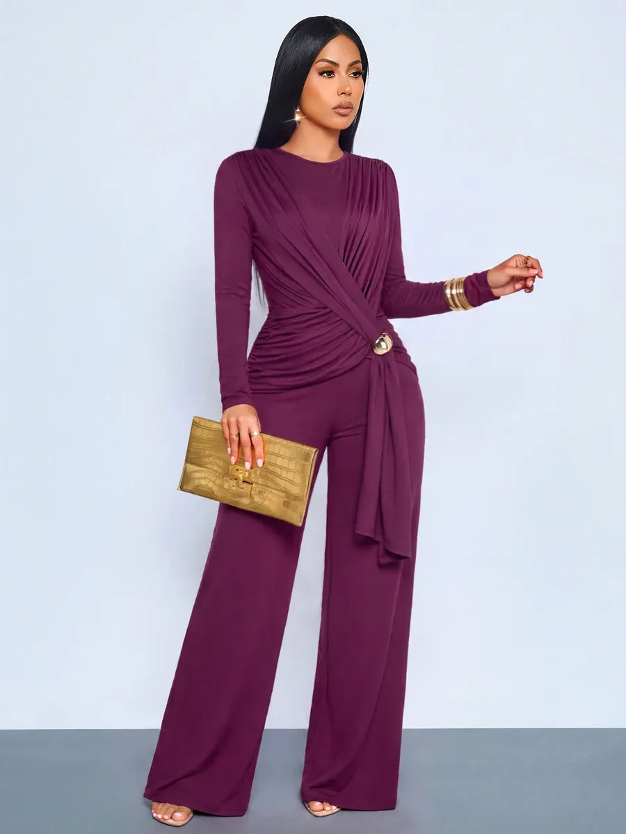 SHEIN SOLERSUN جمبسوت نسائي بخصر مجعد وتفاصيل معدنية وساق واسعة بلون أرجواني