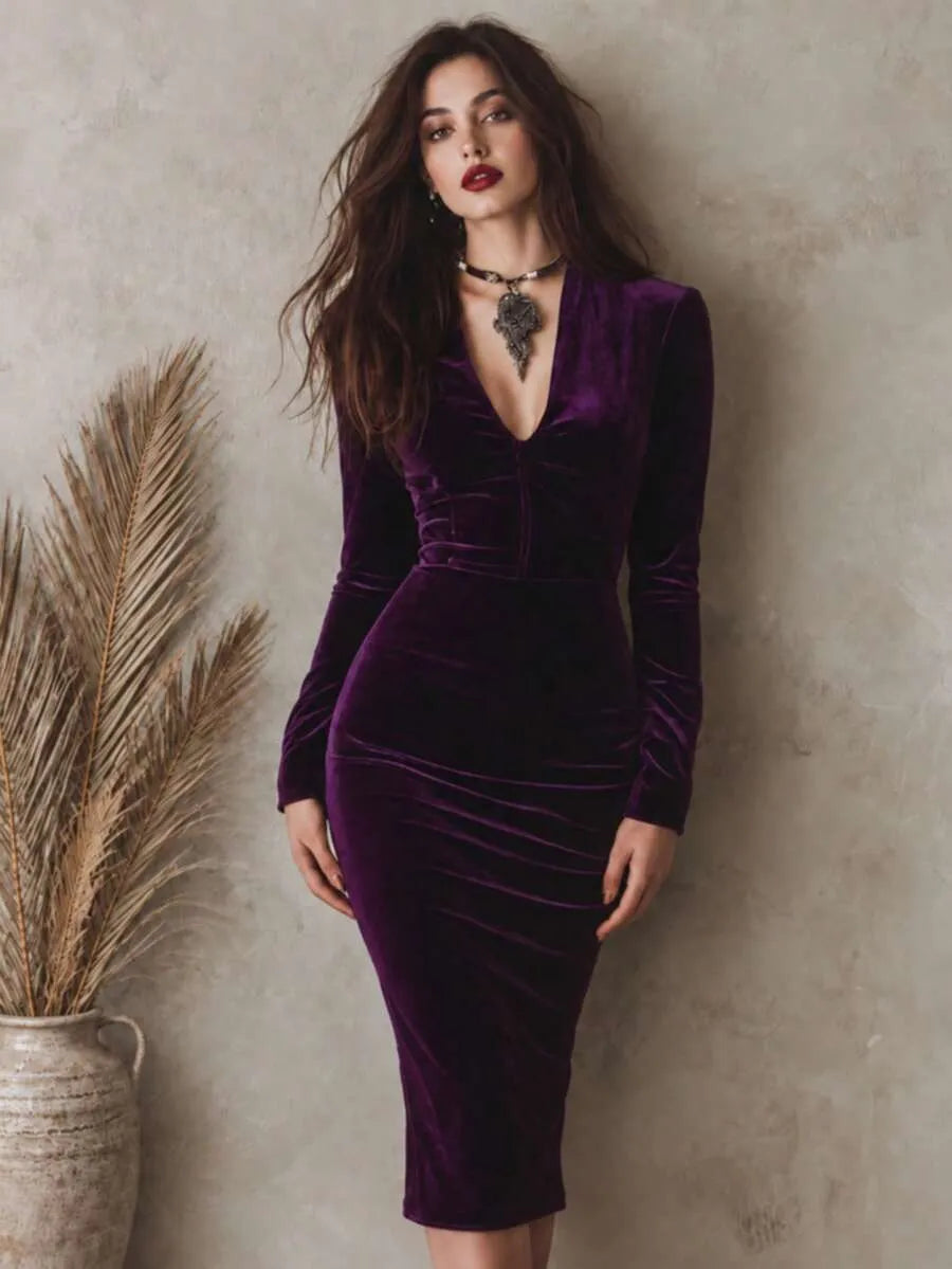 SHEIN فستان مخملي ميدي ضيق بياقة وأكمام طويلة مطوية بلون أرجواني