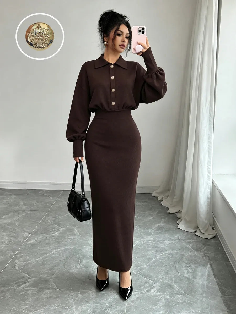 SHEIN Elenzya فستان محبوك طويل بياقة وأزرار معدنية أمامية بلون بني داكن