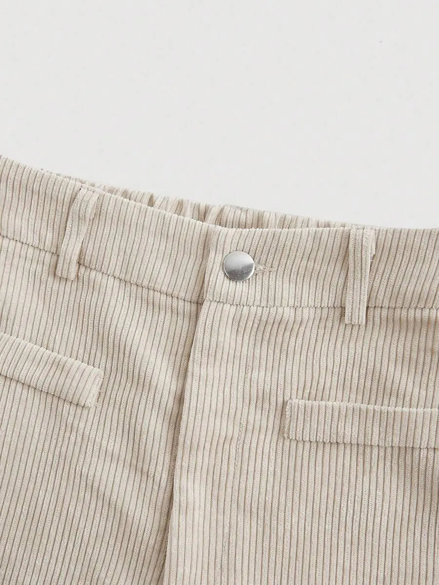SHEIN MOD بنطلون نسائي كوردروي واسع بخصر عالٍ وأرجل واسعة بلون كاكي