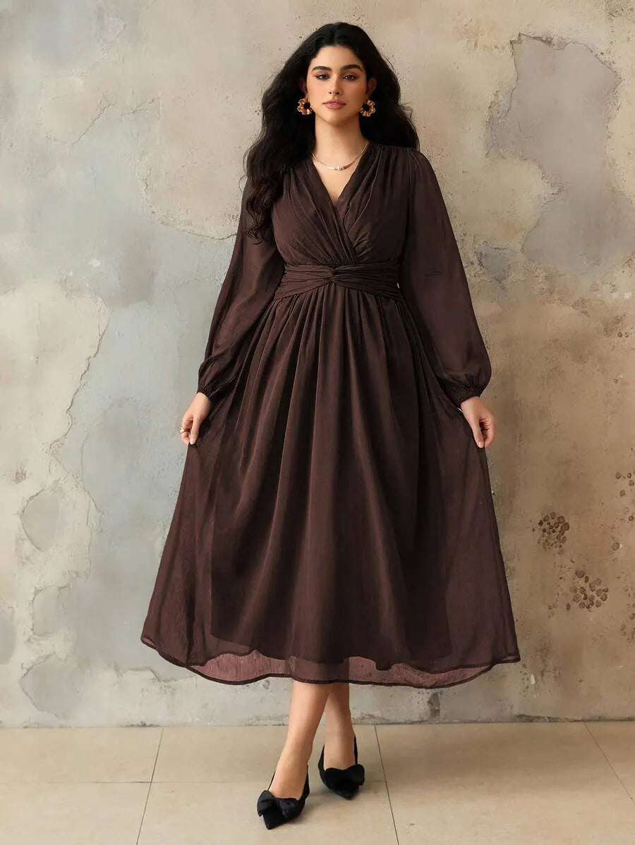 SHEIN Roveilla فستان نسائي بياقة وأكمام فانوس بلون بني شوكولاتة