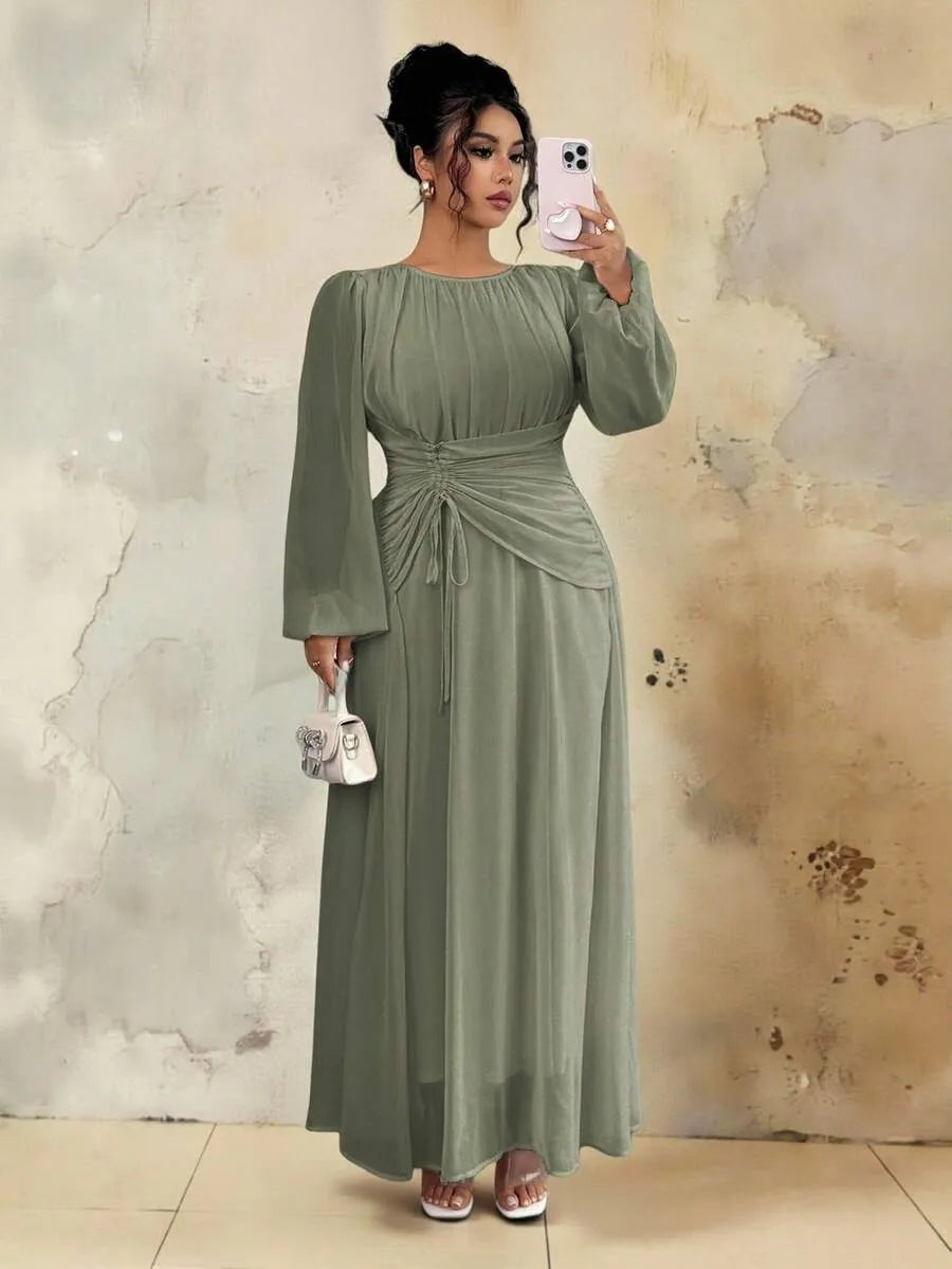 SHEIN Roveilla A-Line فستان نسائي ماكسي بأكمام طويلة وخصر مكشكش وقصة بلون أخضر عسكري