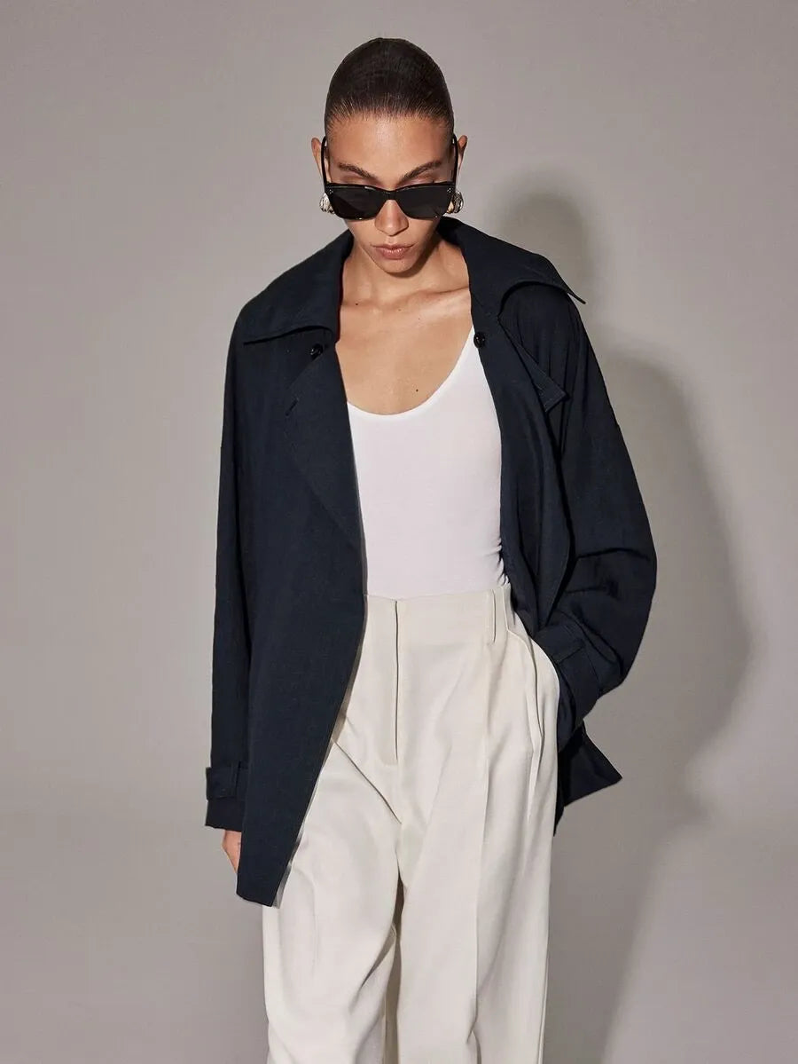 SHEIN Anewsta Essential معطف ترنش أسود بحزام وأكتاف منسدلة