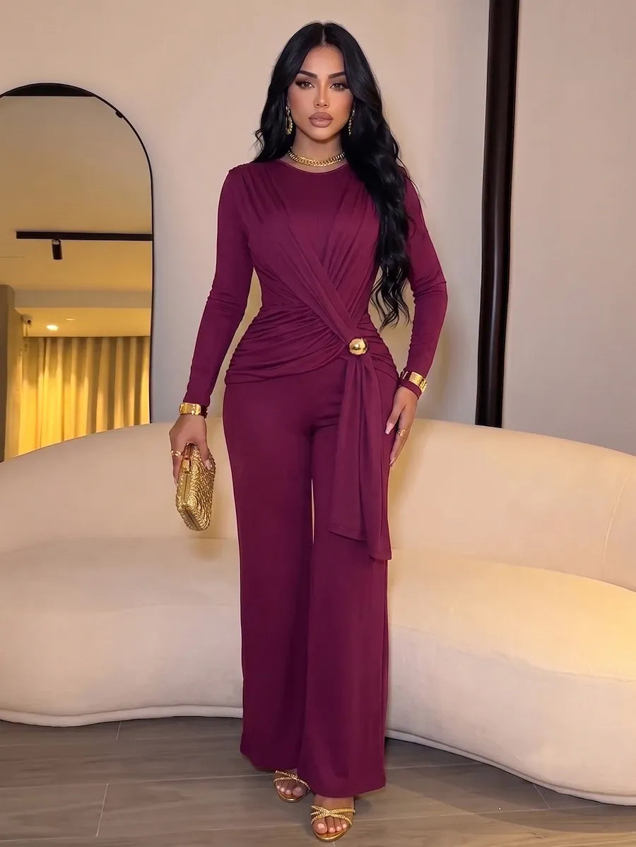SHEIN SOLERSUN جمبسوت نسائي بخصر مجعد وتفاصيل معدنية وساق واسعة بلون أرجواني