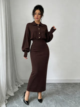 SHEIN Elenzya فستان محبوك طويل بياقة وأزرار معدنية أمامية بلون بني داكن