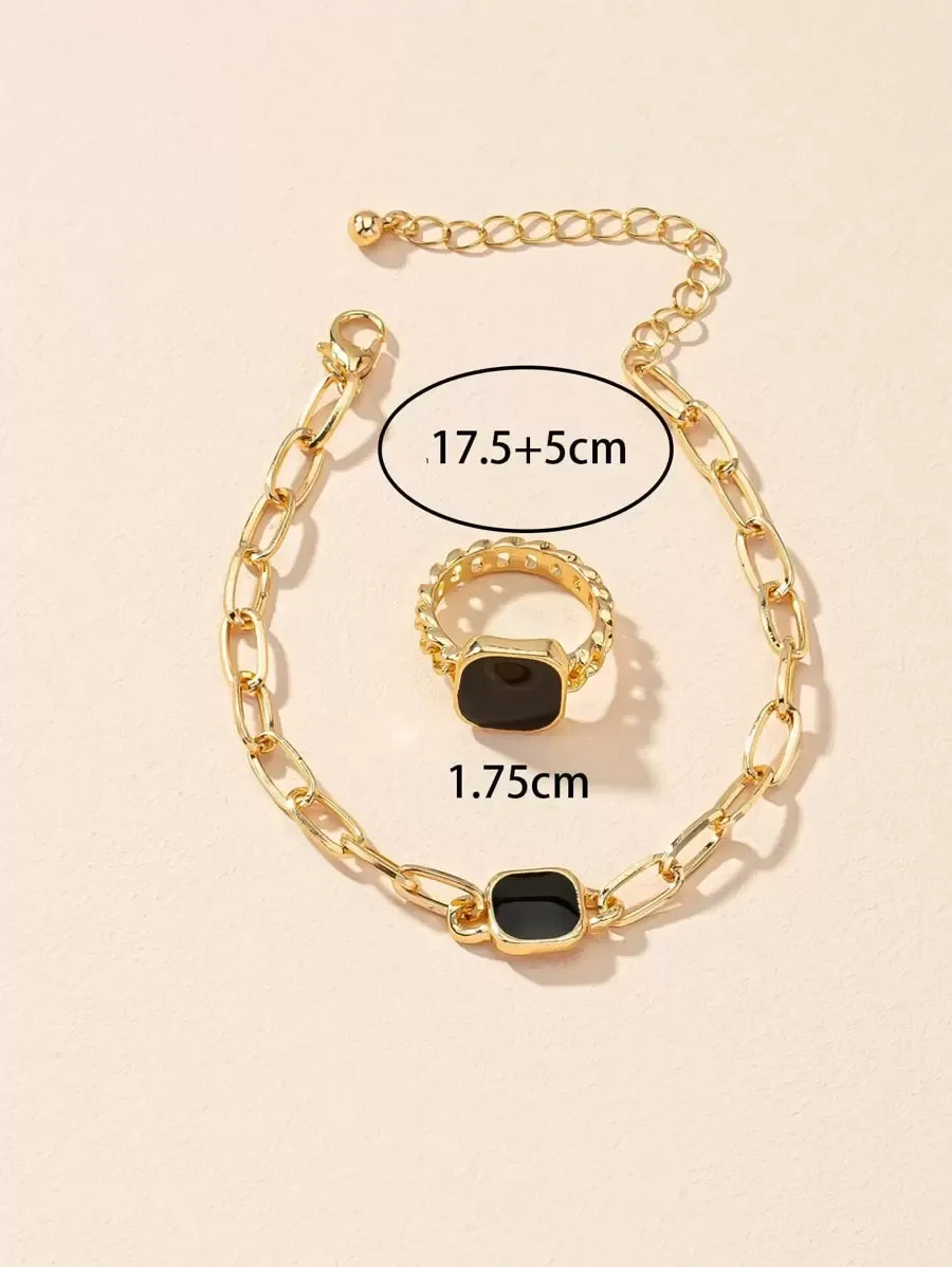 SHEIN طقم سوار وخاتم نسائي بتصميم هندسي بلون الأسود