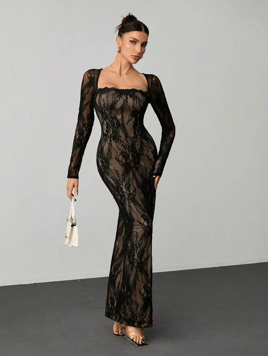 SHEIN Tall فستان دانتيل ماكسي بياقة مربعة وأكمام طويلة وتصميم كورسيه بلون أسود