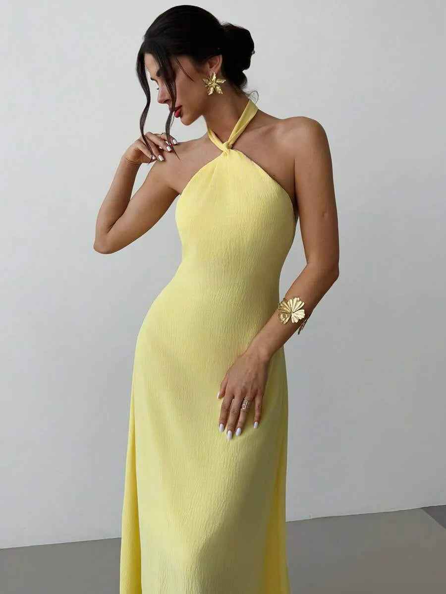 SHEIN Firerie فستان طويل فضفاض بدون أكمام وظهر مكشوف بلون أصفر فاتح