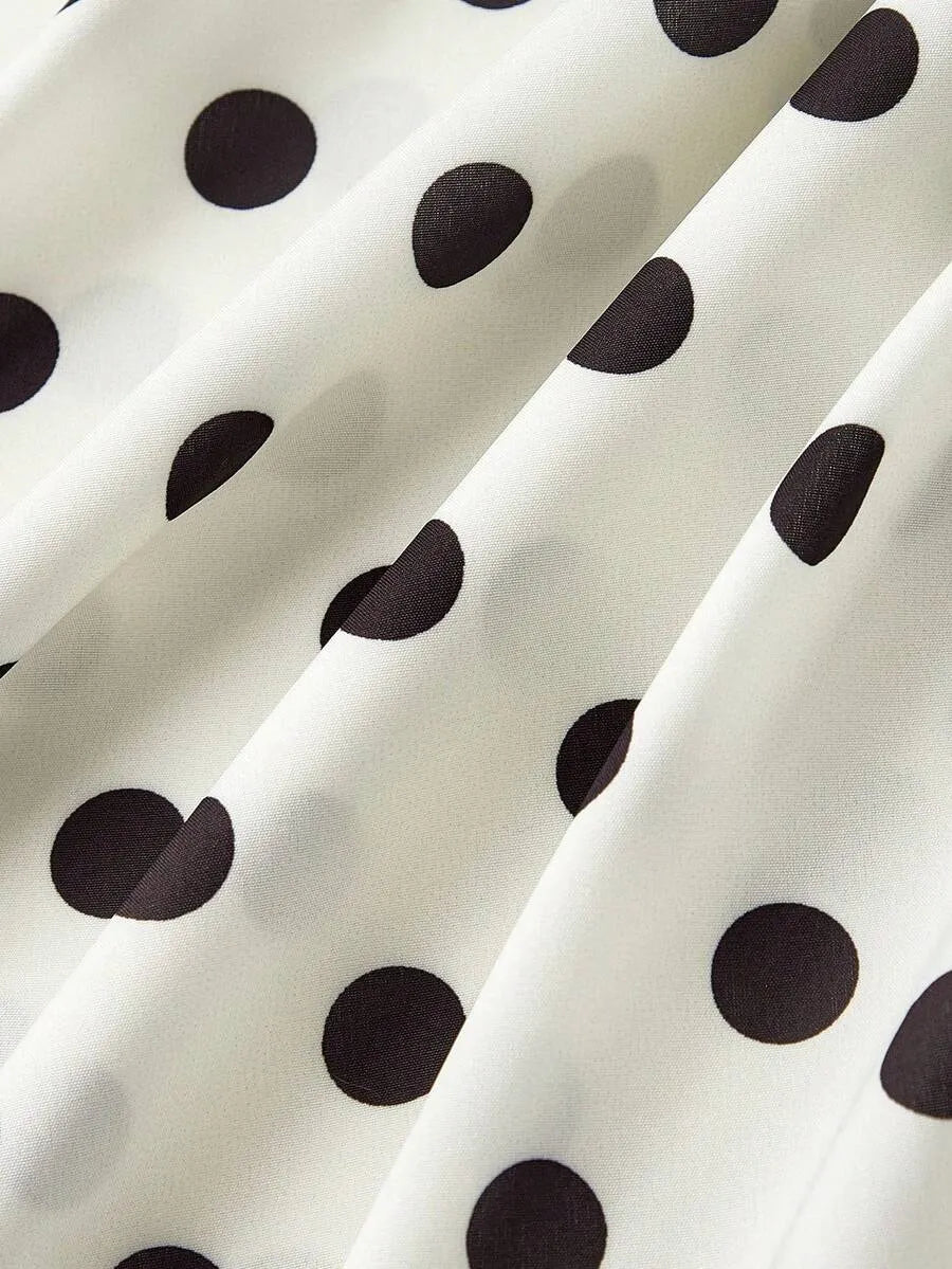 SHEIN MOD فستان نسائي ميدي بنقشة بولكا دوت بياقة بحمالات رفيعة وخصر عالٍ بلون أبيض وأسود