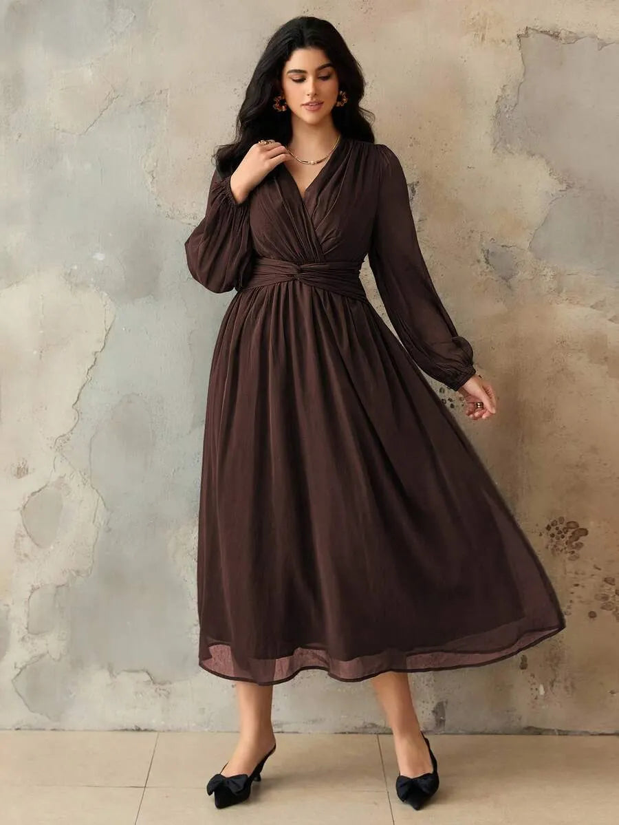 SHEIN Roveilla فستان نسائي بياقة وأكمام فانوس بلون بني شوكولاتة