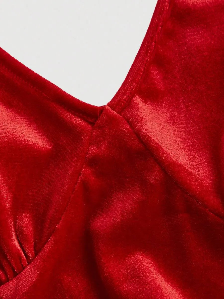 SHEIN MOD فستان نسائي ميدي مخملي بياقة وتفاصيل لؤلؤ بلون عنابي