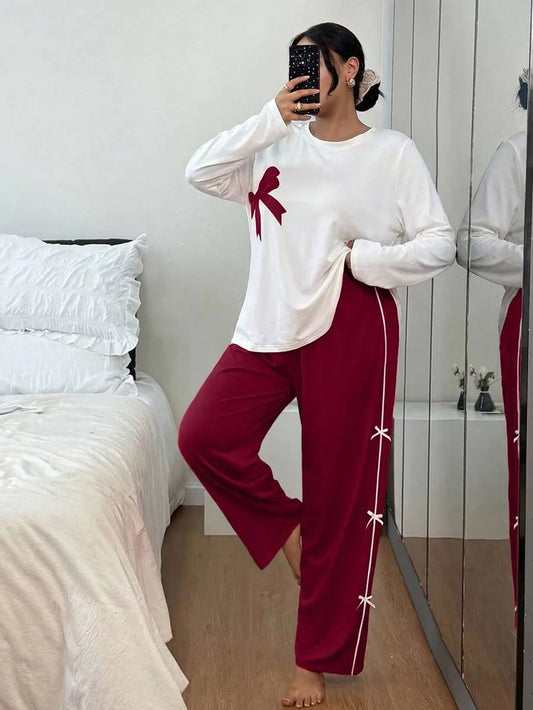 SHEIN طقم بيجامة نسائي بلون أحمر بفيونكة وأكمام طويلة