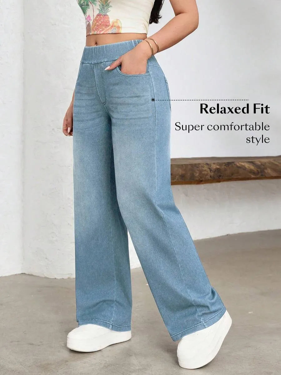SHEIN Flexra بنطلون جينز بخصر مطاطي وساق واسعة بخصر عالٍ بلون أزرق ضبابي
