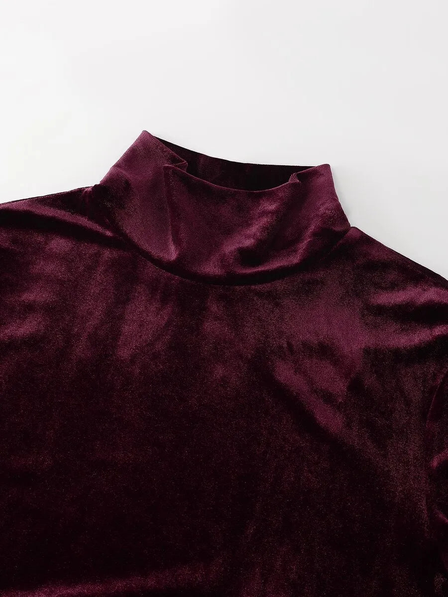 SHEIN LUMIGAL طقم نسائي قطعتين تي شيرت بياقة عالية وتنورة طويلة متعدد الألوان