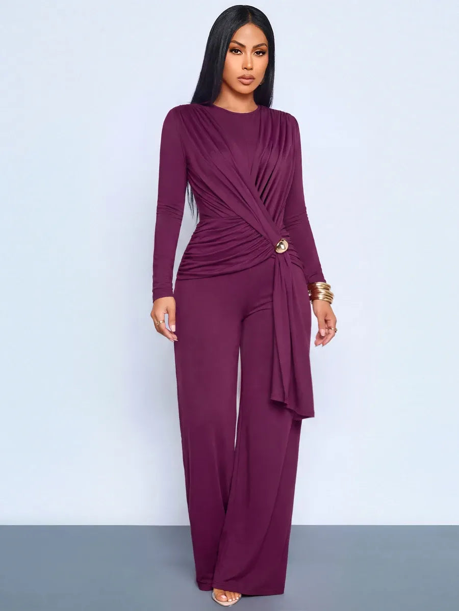SHEIN SOLERSUN جمبسوت نسائي بخصر مجعد وتفاصيل معدنية وساق واسعة بلون أرجواني