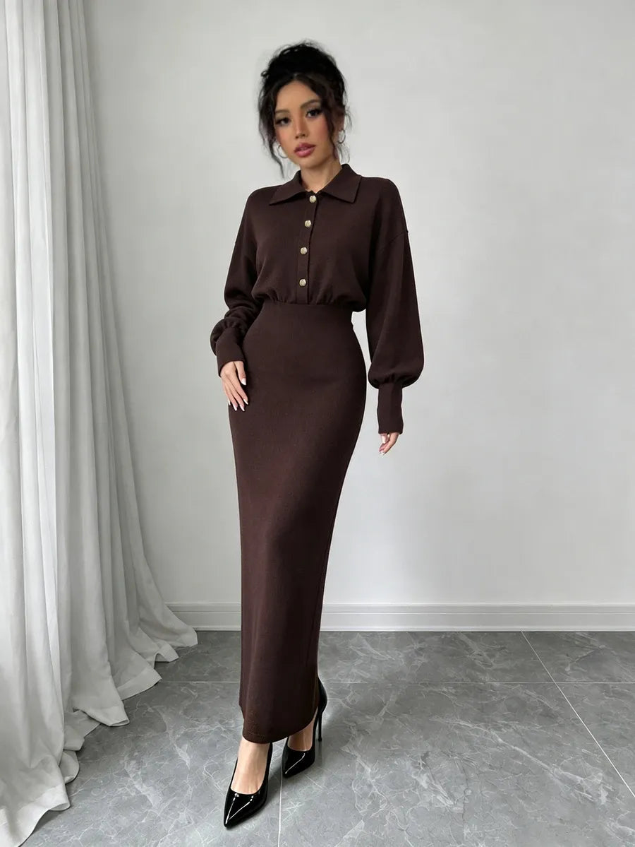 SHEIN Elenzya فستان محبوك طويل بياقة وأزرار معدنية أمامية بلون بني داكن