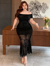 SHEIN REIGN AVE فستان سهرة من الساتان بتطريز مخملي وكتف مكشوف بلون أسود