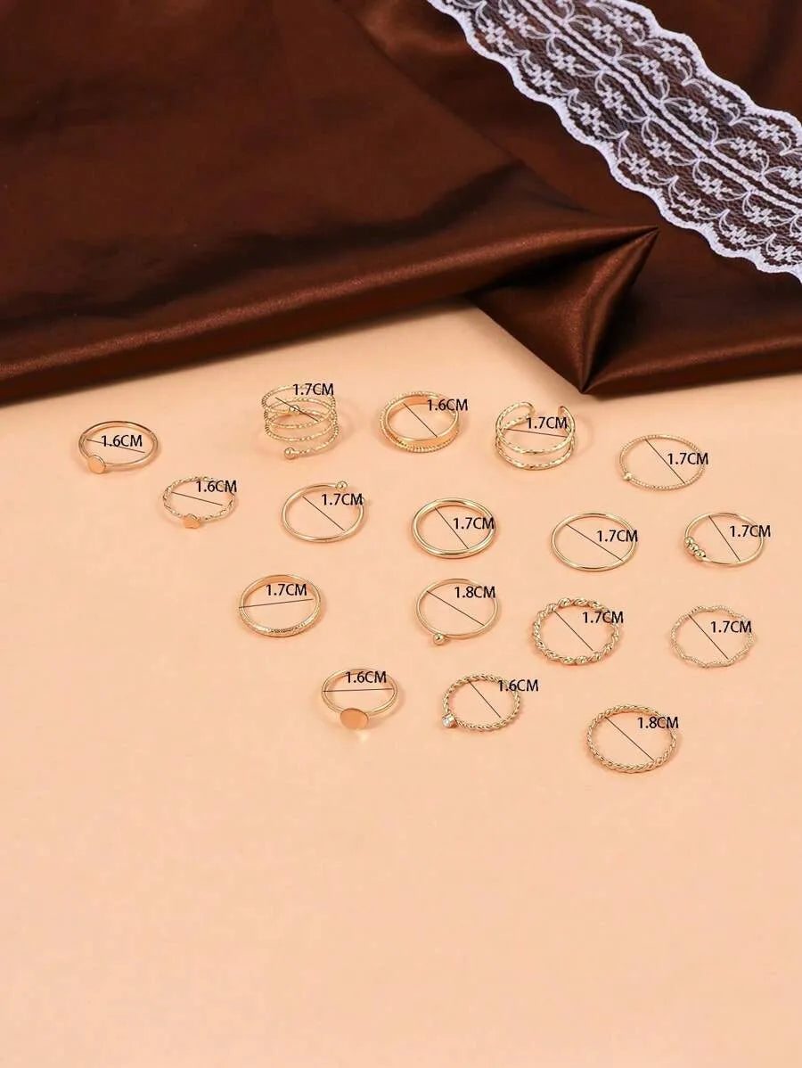 SHEIN مجموعة 17 قطعة خواتم معدنية نسائية بلون ذهبي
