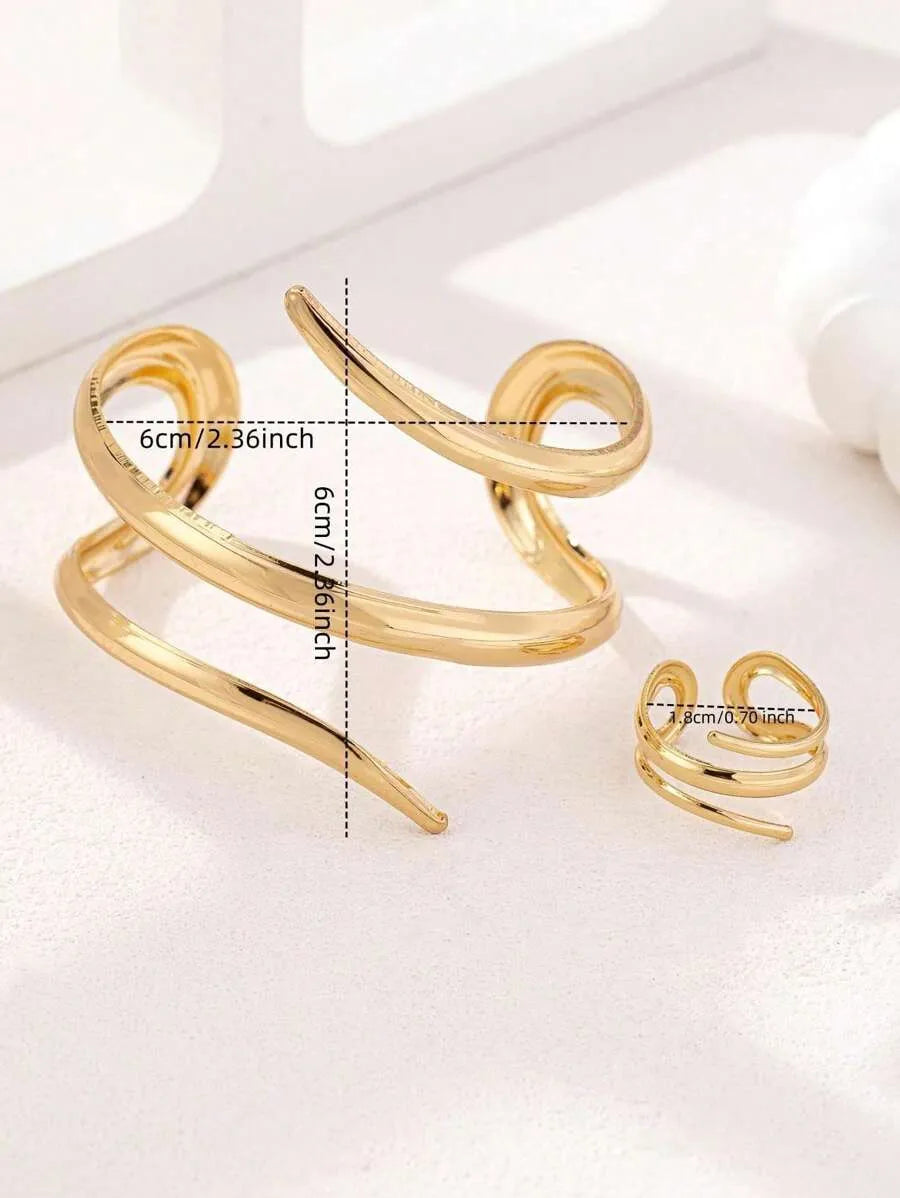 SHEIN طقم أساور وخواتم نسائي بتصميم هندسي خطي بلون ذهبي أصفر