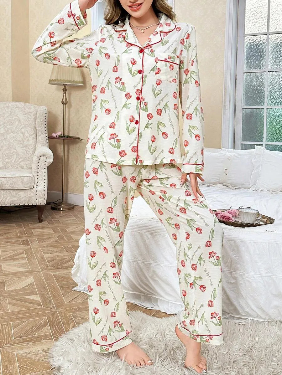 SHEIN CottageSlumber طقم بيجامة قطعتين بياقة وأكمام طويلة متعدد الألوان