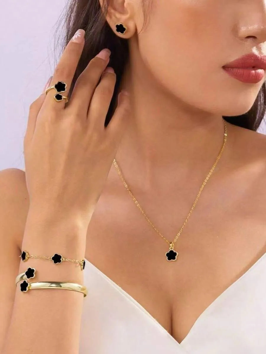 SHEIN طقم مجوهرات نسائي 5 قطع قلادة وأقراط وسوار وأسورة وخاتم بلون بني