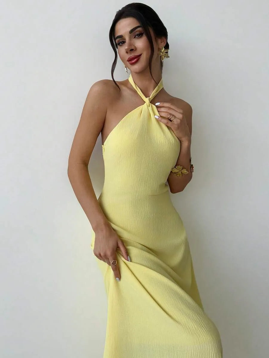 SHEIN Firerie فستان طويل فضفاض بدون أكمام وظهر مكشوف بلون أصفر فاتح