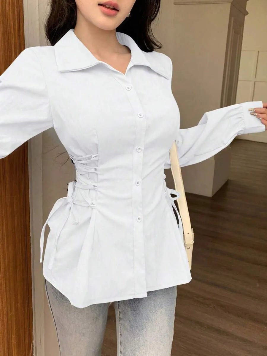 SHEIN Modelyn قميص نسائي فضفاض طويل بأزرار ورباط خصر بلون أبيض
