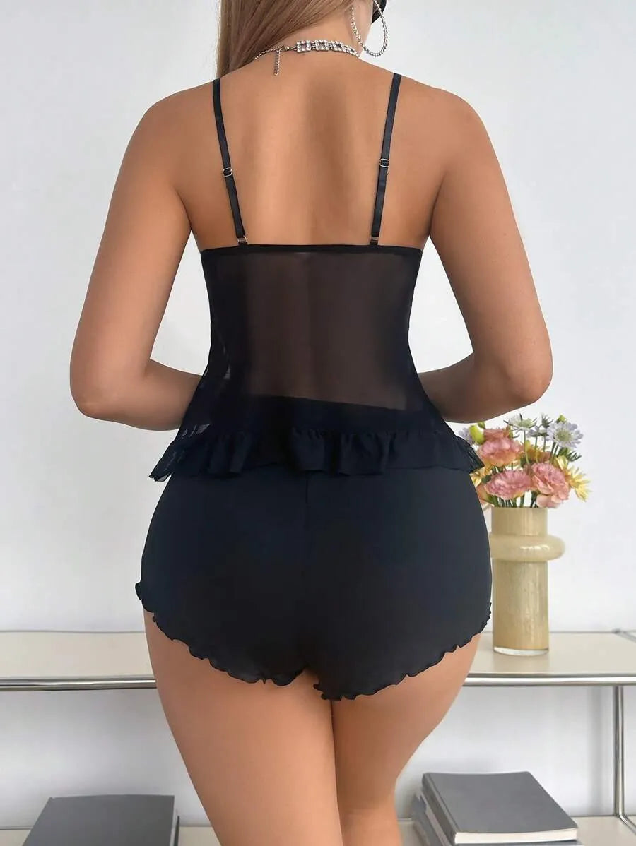 SHEIN طقم نوم قطعتين دانتيل وشبك بلون أسود