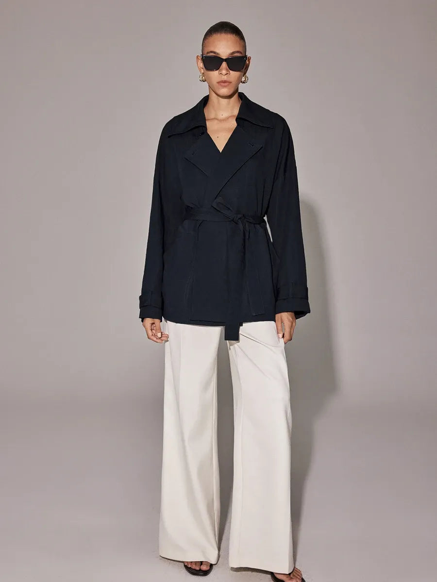 SHEIN Anewsta Essential معطف ترنش أسود بحزام وأكتاف منسدلة