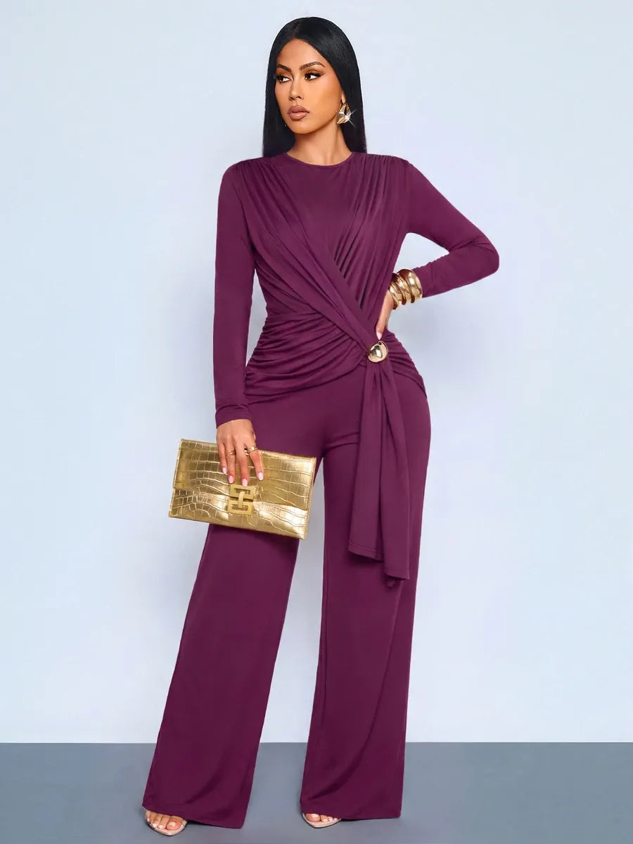 SHEIN SOLERSUN جمبسوت نسائي بخصر مجعد وتفاصيل معدنية وساق واسعة بلون أرجواني