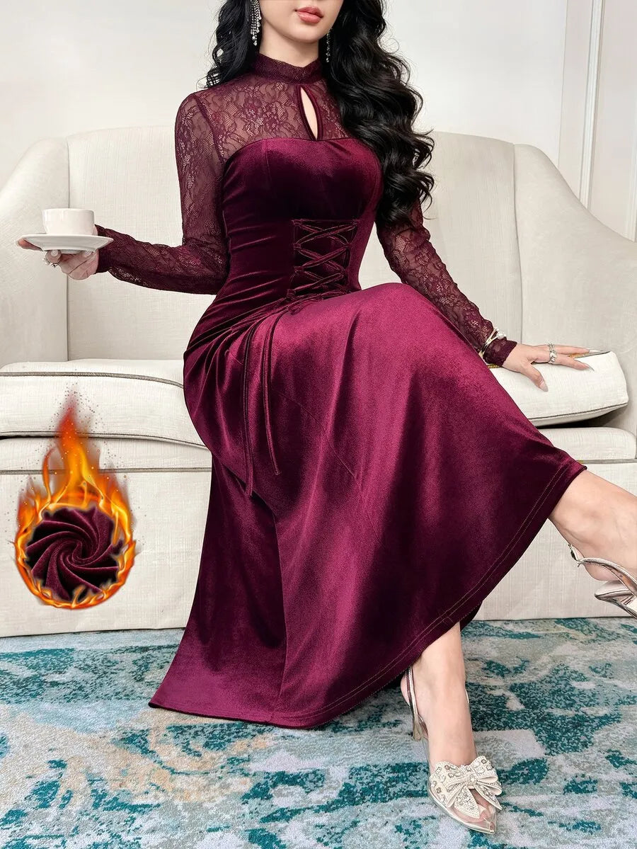 SHEIN Feyla فستان طويل بياقة عروة وتفاصيل دانتيل وخصر ملفوف بلون عنابي