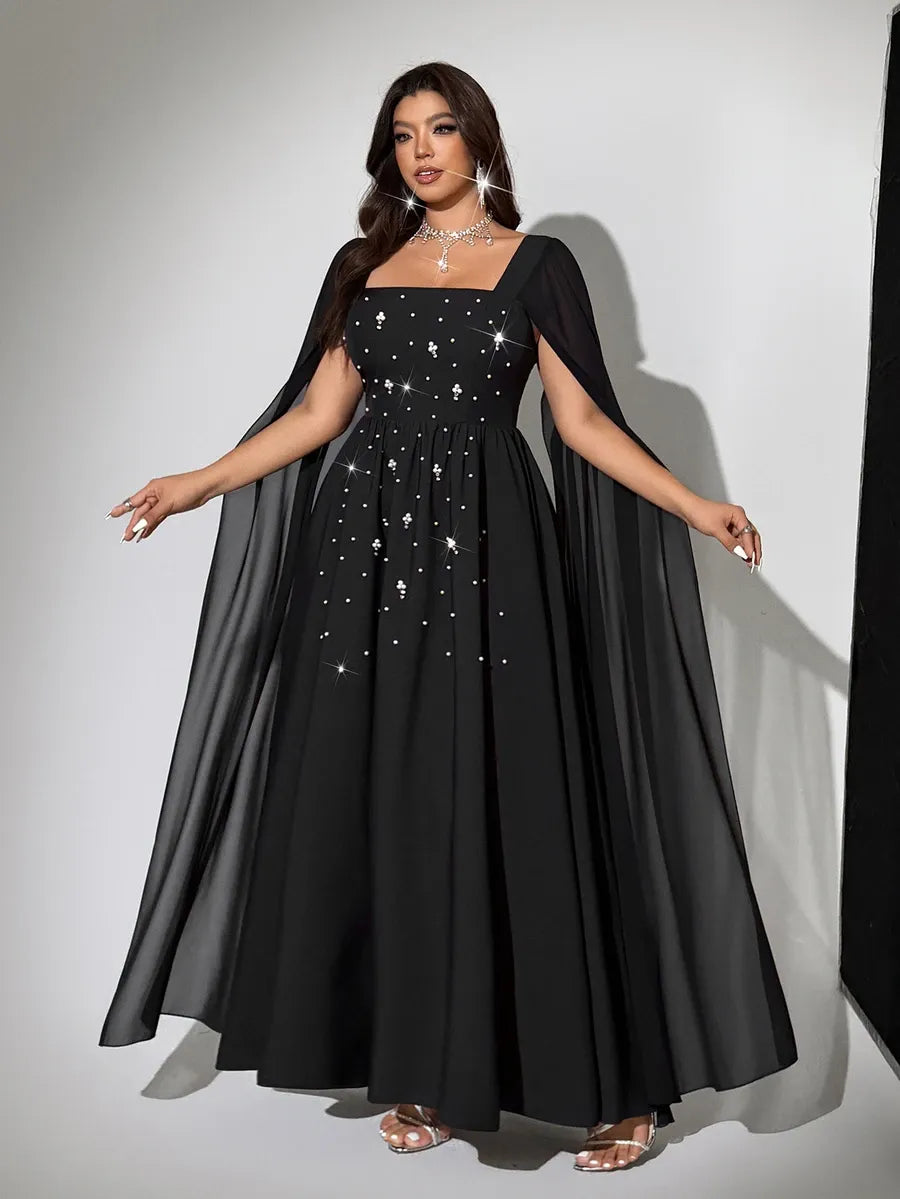 SHEIN Viva Relle فستان ماكسي بياقة مربعة وأكمام عباءة وخرز لامع بلون الأسود