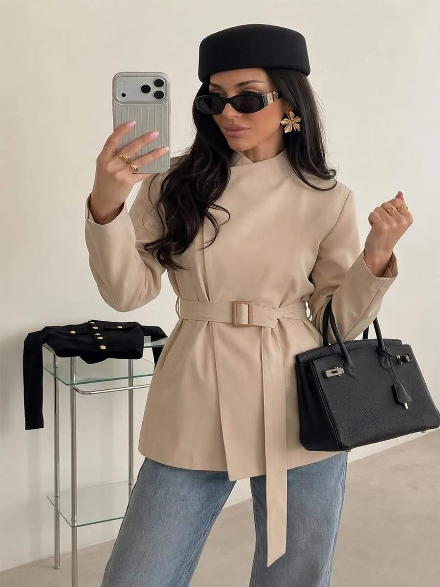 SHEIN Firerie معطف ترنش نسائي بياقة واقفة وأزرار وحزام خصر بلون كاكي