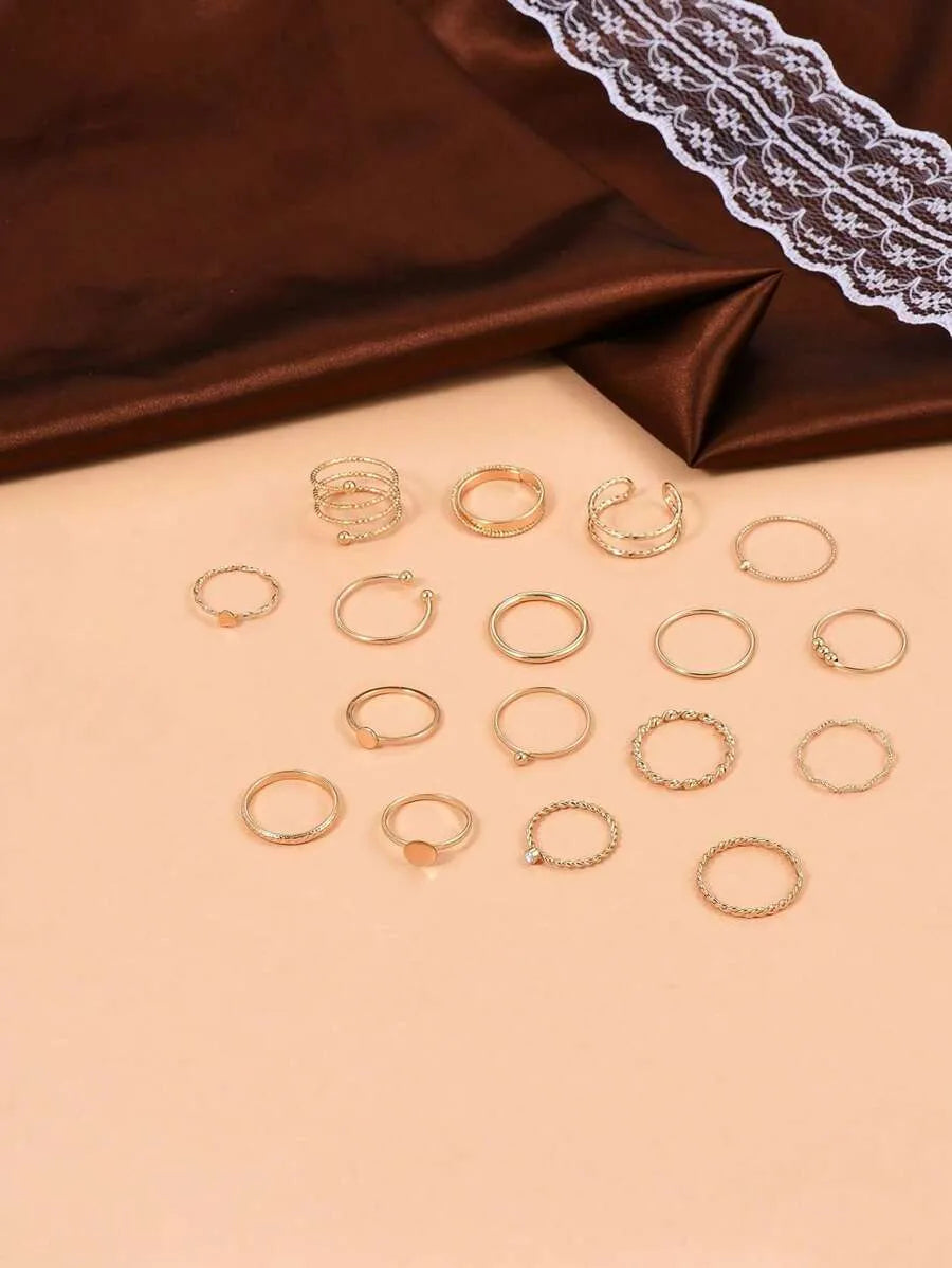SHEIN مجموعة 17 قطعة خواتم معدنية نسائية بلون ذهبي