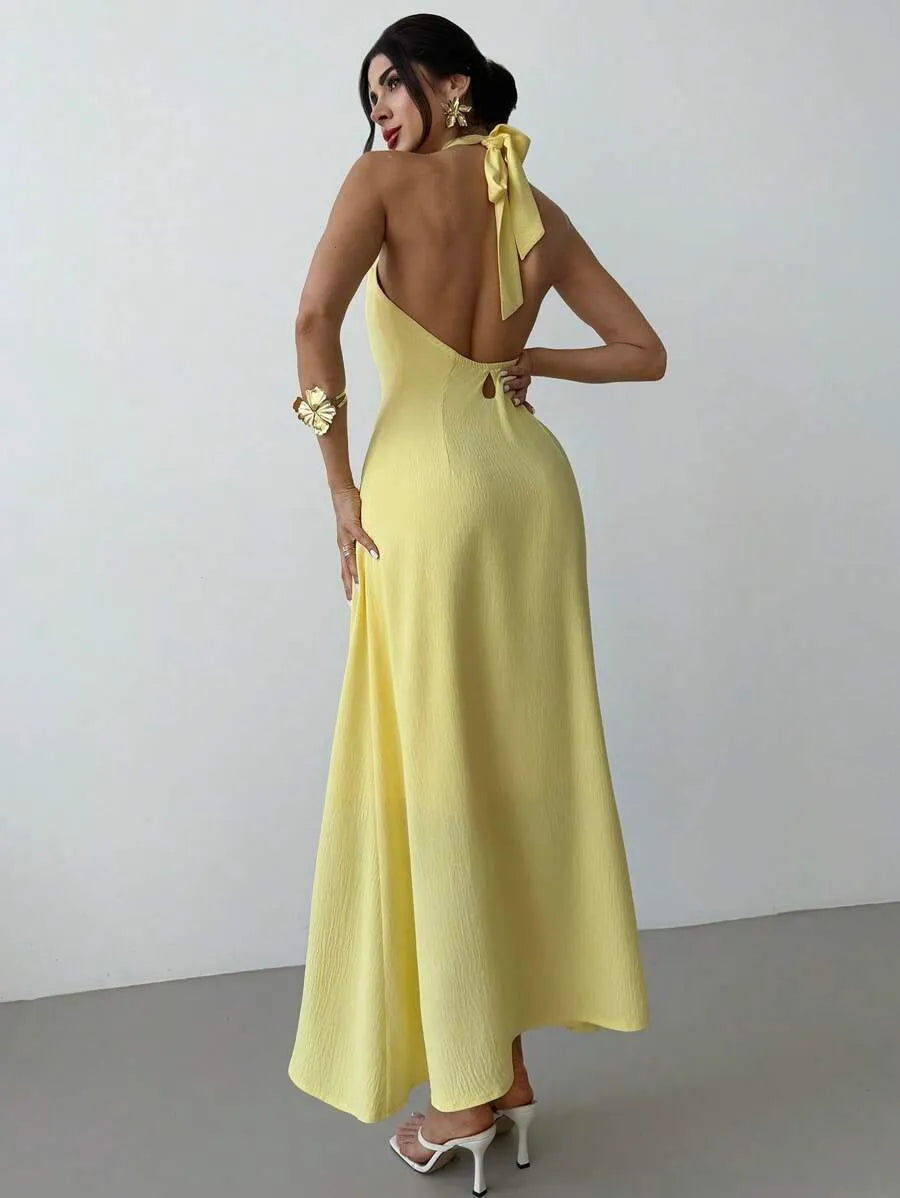 SHEIN Firerie فستان طويل فضفاض بدون أكمام وظهر مكشوف بلون أصفر فاتح