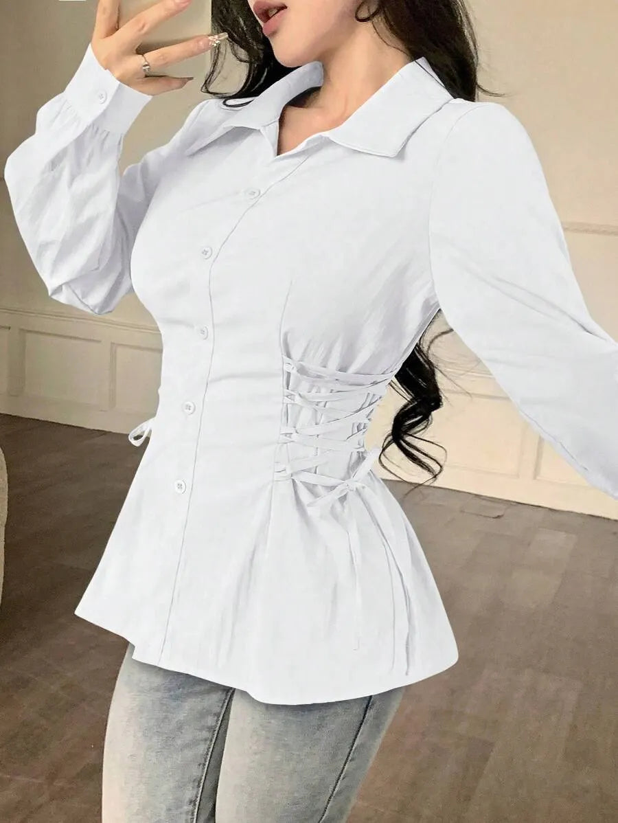 SHEIN Modelyn قميص نسائي فضفاض طويل بأزرار ورباط خصر بلون أبيض