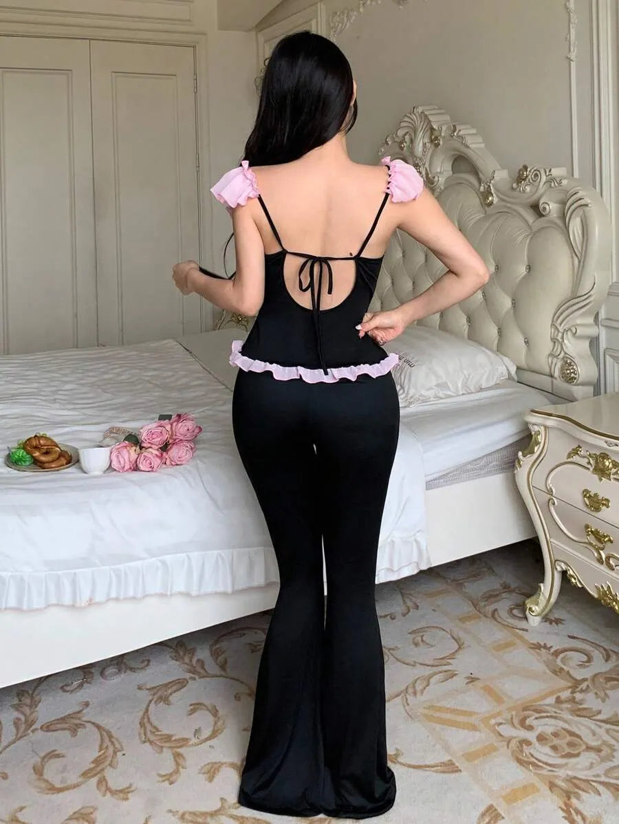 SHEIN طقم بيجاما بلون أسود توب قصير بدون أكمام وبنطلون طويل