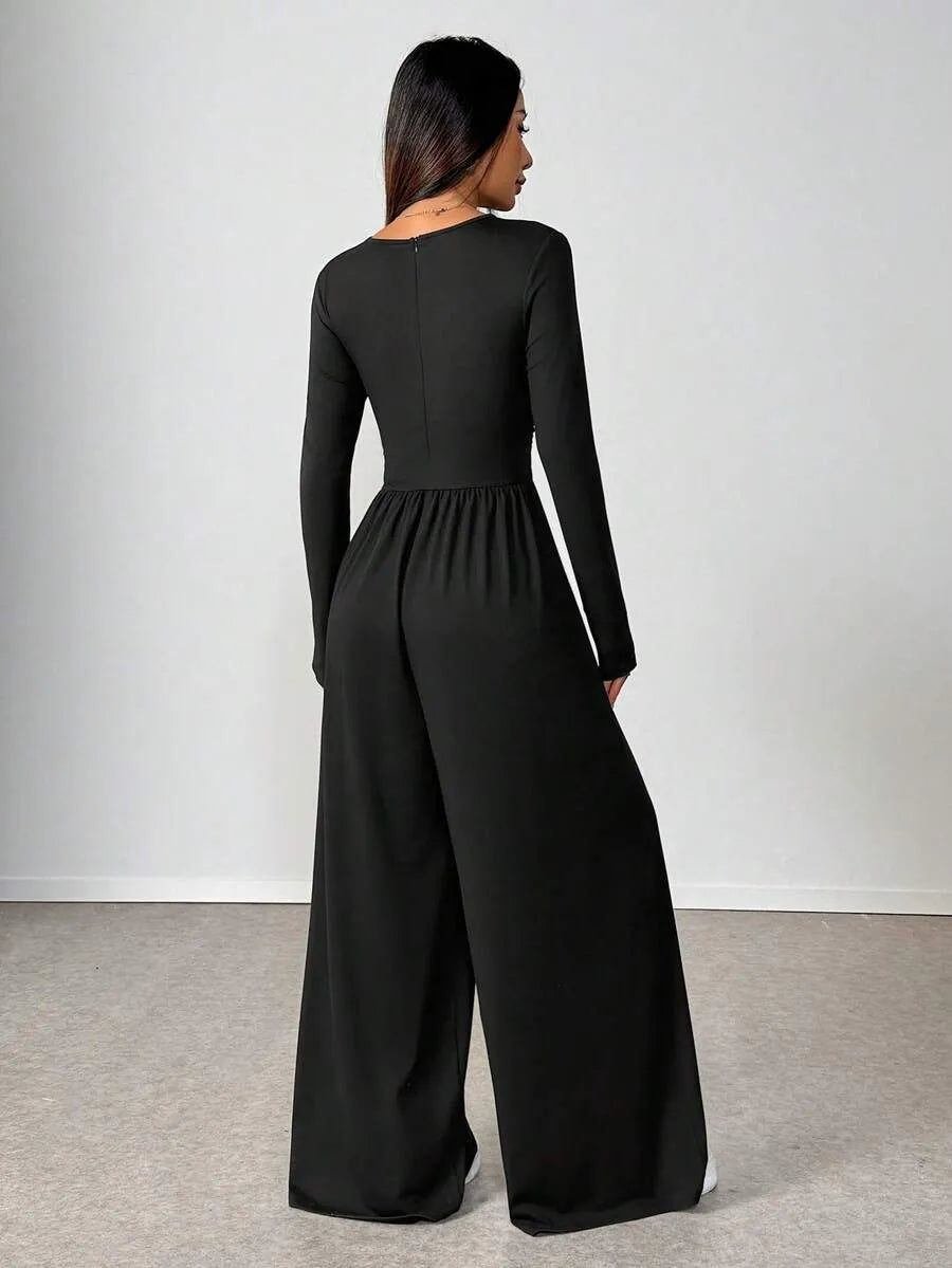 SHEIN Unity جمبسوت نسائي بياقة دائرية وأكمام طويلة بلون الأسود