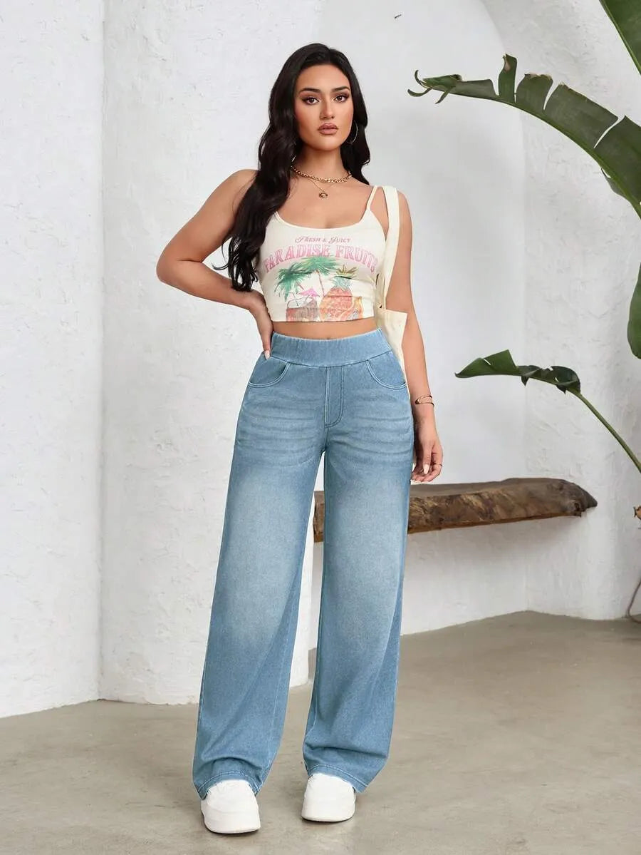 SHEIN Flexra بنطلون جينز بخصر مطاطي وساق واسعة بخصر عالٍ بلون أزرق ضبابي