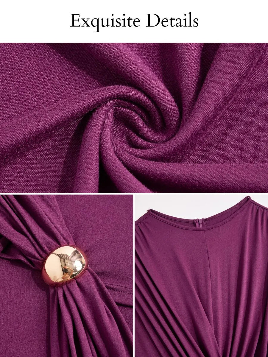 SHEIN SOLERSUN جمبسوت نسائي بخصر مجعد وتفاصيل معدنية وساق واسعة بلون أرجواني