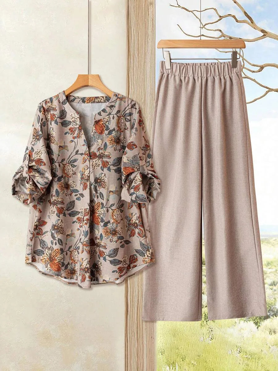 SHEIN Rusticease طقم نسائي قطعتين بلوزة بياقة بأزرار أمامية وبنطال واسع بلون بني فاتح