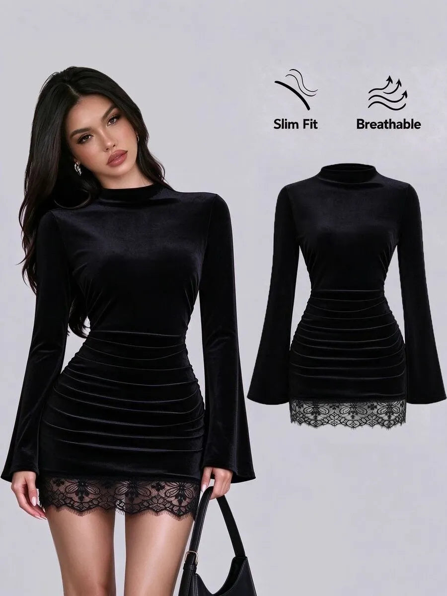 SHEIN Sweetra فستان ميني ضيق بياقة نصف عالية وأكمام واسعة وثنيات وحافة دانتيل بلون أسود