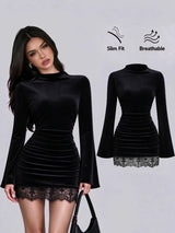 SHEIN Sweetra فستان ميني ضيق بياقة نصف عالية وأكمام واسعة وثنيات وحافة دانتيل بلون أسود