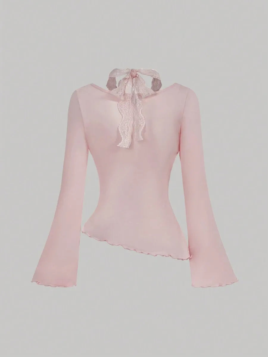 SHEIN MOD تي شيرت نسائي محبوك بأكمام طويلة وياقة مربعة وحافة دانتيل بلون وردي