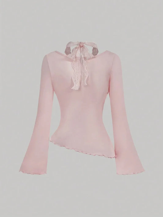 SHEIN MOD تي شيرت نسائي محبوك بأكمام طويلة وياقة مربعة وحافة دانتيل بلون وردي