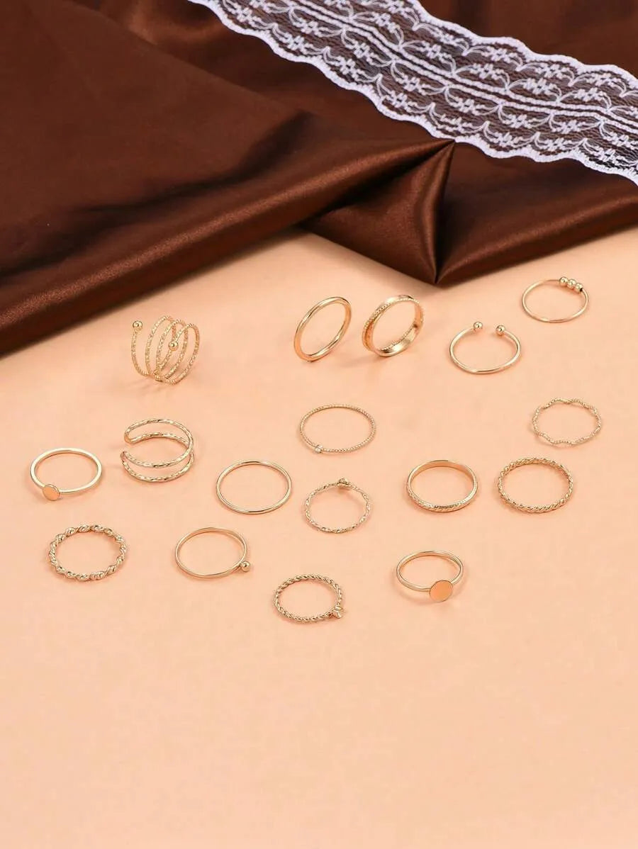 SHEIN مجموعة 17 قطعة خواتم معدنية نسائية بلون ذهبي