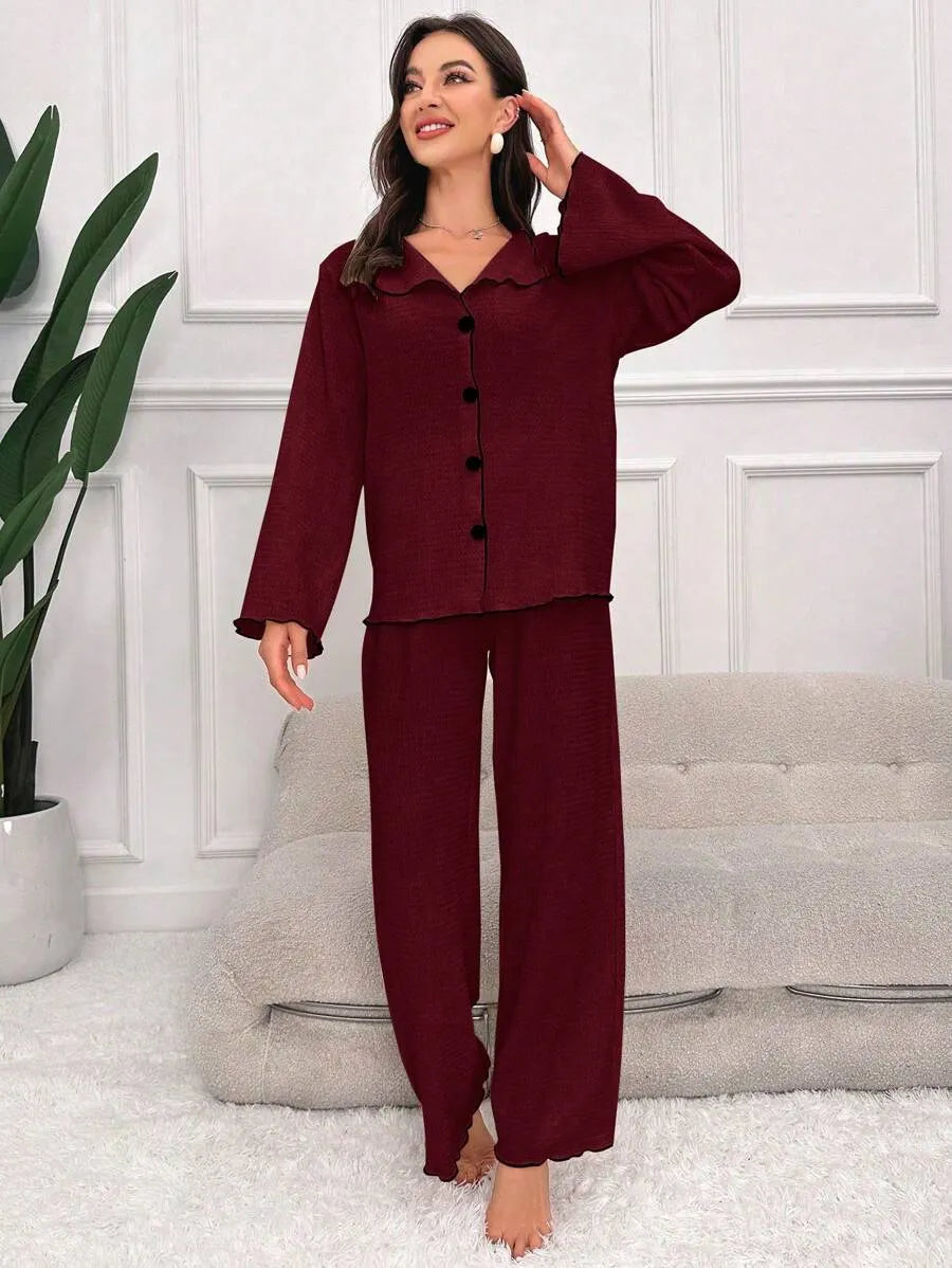 SHEIN طقم بيجامة قطعتين بأكمام طويلة وأزرار أمامية بلون عنابي