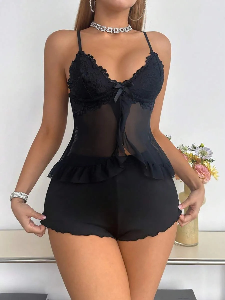 SHEIN طقم نوم قطعتين دانتيل وشبك بلون أسود