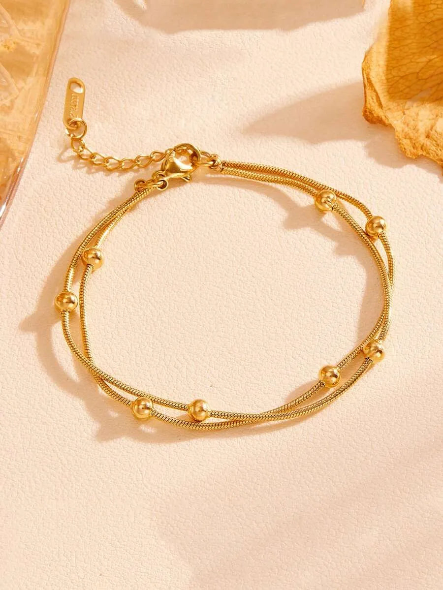 SHEIN خلخال نسائي بسلسلتين مزين بالخرز من الفولاذ المقاوم للصدأ بلون ذهبي